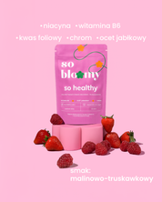 Opakowanie żelek so healthy na różowym tle, poniżej ułożone maliny i truskawki. U góry napis: niacyna, witamina B6, kwas foliowy, chrom, ocet jabłkowy. Poniżej napis smak: malinowo-truskawkowy.