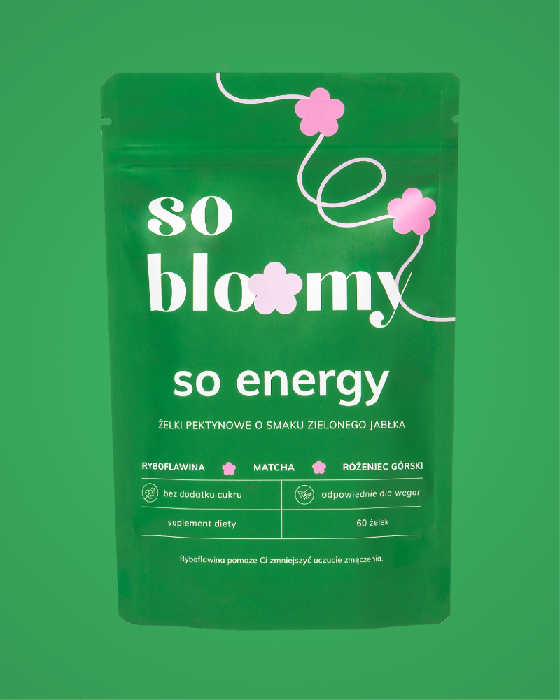 Opakowanie żelek so energy - pektynowych żelków o smaku zielonego jabłka na zielonym tle